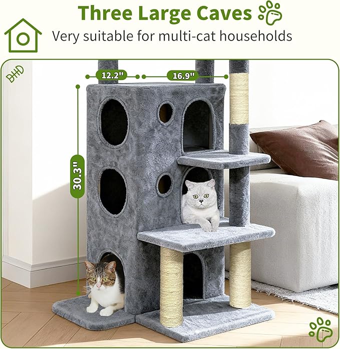Cat Tree Tower for Indoor Cats, Adult Cat Tree House for Large Adult Cats with Steps, Scratching Post, 3 Cat Caves, Dangling Toys (Grey)