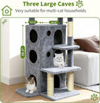 Cat Tree Tower for Indoor Cats, Adult Cat Tree House for Large Adult Cats with Steps, Scratching Post, 3 Cat Caves, Dangling Toys (Grey)