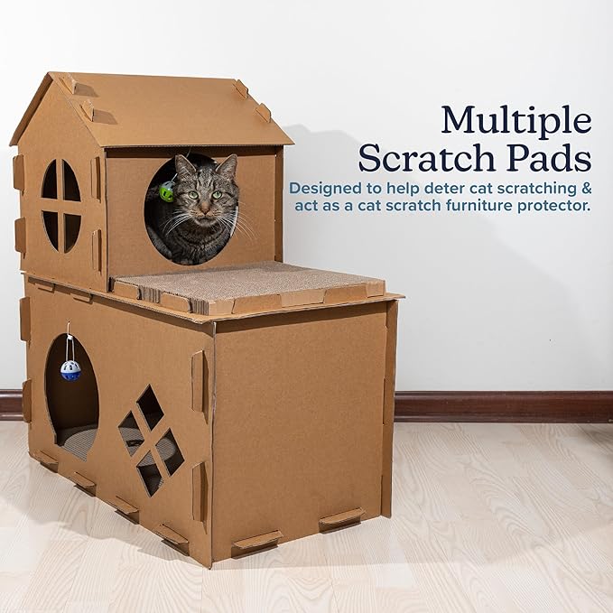Cat House - Cardboard Cat House with Scratching Pads, Toys, and Catnip - Multi-Level Cat Houses for Indoor Cats, Kittens and Small Animals by PETMAKER