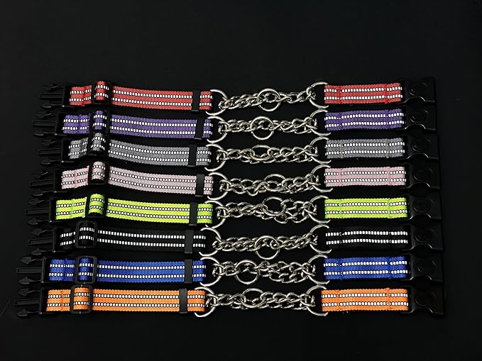 Martingale Collars for Dogs, Heavy Duty Stainless Steel Chain Training Collar, Reflective Nylon Adjustable Collar with Quick Release Buckle, Suitable for Puppy Medium Large Dogs (Green, XS)