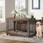 Dog Crate Furniture with Cushion, Wooden Dog Kennel Indoor with Double Doors, Dog Cage with Wheels, Dog House Side End Table for Large Dogs up to 85 lb, 44" L, Rustic Brown