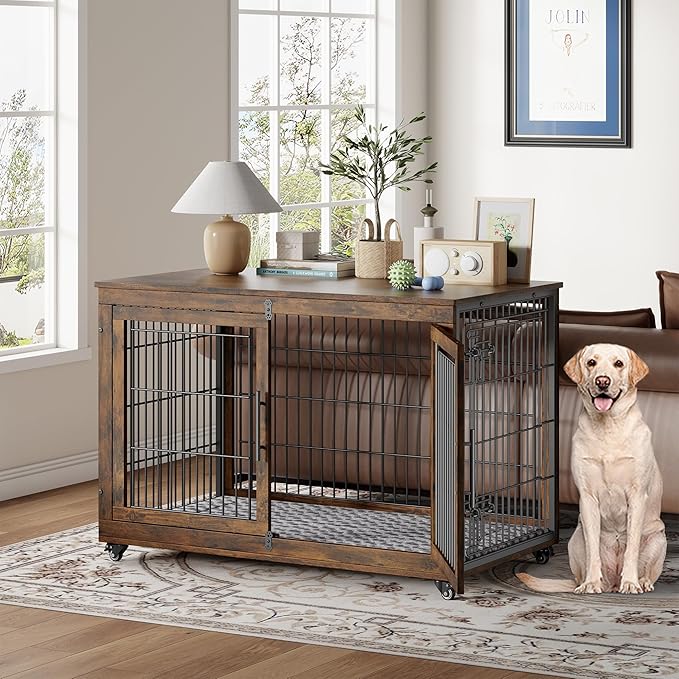Dog Crate Furniture with Cushion, Wooden Dog Kennel Indoor with Double Doors, Dog Cage with Wheels, Dog House Side End Table for Large Dogs up to 85 lb, 44" L, Rustic Brown