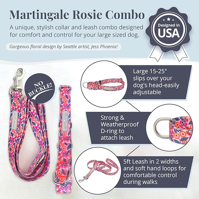 Lucky Love Dog Martingale Dog Collar & Leash - Adjustable, No-Slip, Durable, Comfortable, Soft Webbing, & Stylish Patterned Collar & Leash Set for Male and Female Dogs - Rosie Combo, Large