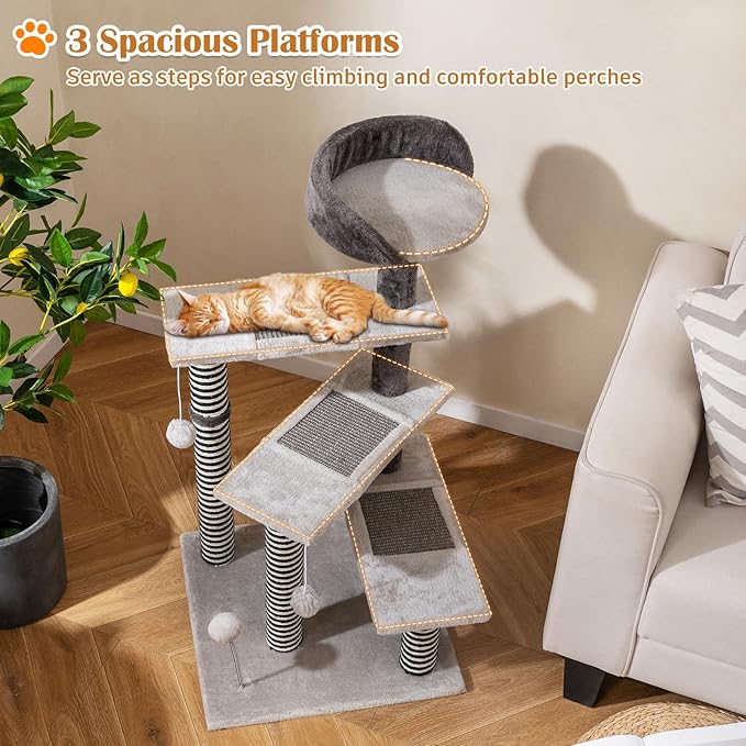 PETSITE 37-inch Small Cat Tree for Elder Cats, Modern Cat Tree Tower with Sisal Scratching Posts, Interactive Hanging Balls, Spring Ball, and Multiple Jumping Platforms with Sisal Scratching Boards