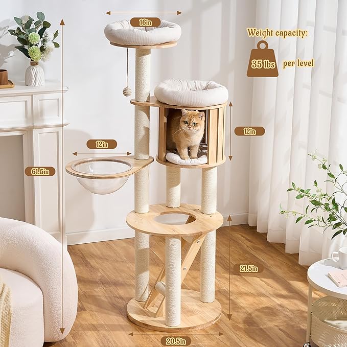 Modern Solid Wood Cat Tree for Indoor Cats Large Adult, 61.5in Tall Cat Tower with Sisal Scratching Posts, Ladder, Cozy Cat Beds, Semi-Open Cat Condo, Dangling Ball, Multi-Level Cat Furniture