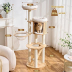 Modern Solid Wood Cat Tree for Indoor Cats Large Adult, 61.5in Tall Cat Tower with Sisal Scratching Posts, Ladder, Cozy Cat Beds, Semi-Open Cat Condo, Dangling Ball, Multi-Level Cat Furniture