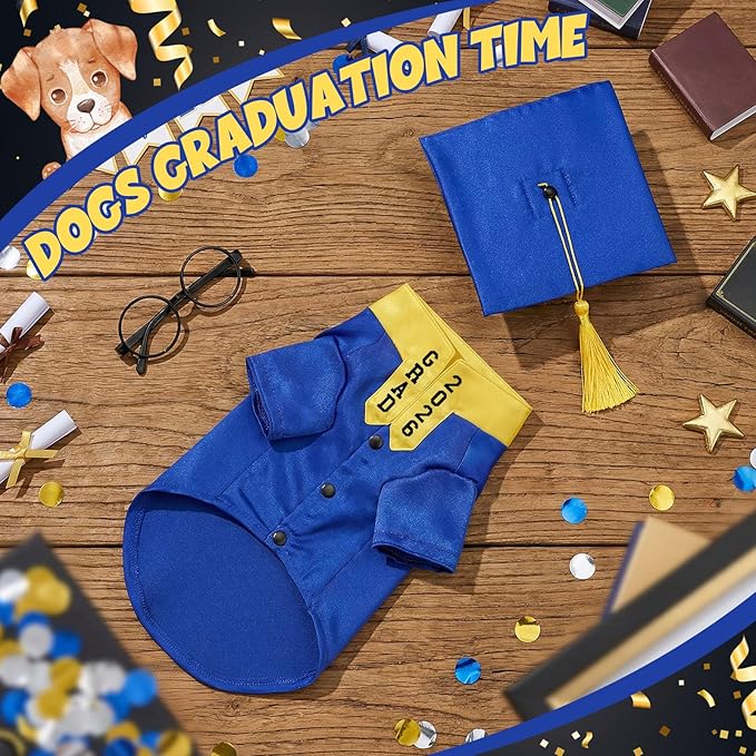 5 Pcs Dog Graduation Costume Set Include 2026 Pet Graduation Gown with Stole Puppy Grad Cap Lensless Glasses DIY Letter Stickers for Dogs Cats Holiday Costume Accessory(Blue Yellow,XXL)