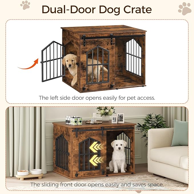 Dog Crate Furniture, 31.5" Farmhouse Dog Kennel with Sliding Barn Door, Wooden Dog Cage for Small Medium Dogs, Decorative Pet House Side End Table, Chew-Resistant, Rustic Brown DCHR9601
