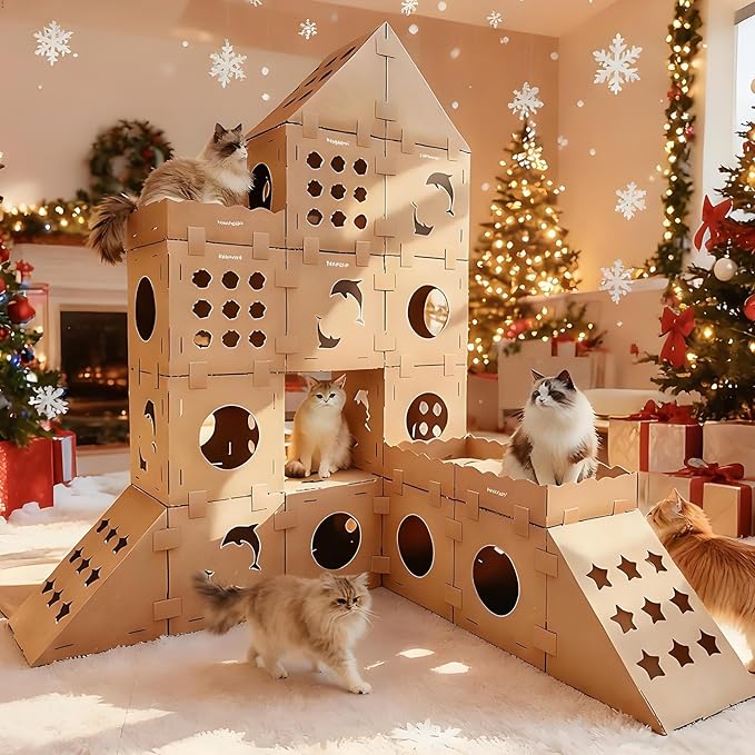 DIY Cat House with Scratcher Cardboard, Condo with Scratching Pads,Cats Play House, DIY Modular Cat Boxes, Indoor Kitty Scratcher Hideout for One or More Cats, Cat Tower Castle Tunnel, 5 Parts