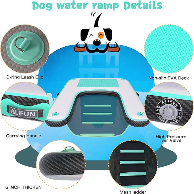 ALIFUN Inflatable Dog Ramp Floating Dock Water Raft Ladder for Pool, Boat, Non-Slip EVA Floating Ladder for Dog Up to 220 LBs Purple 140CM Length (Black-Green, for Small Dogs Up to 80 lbs)