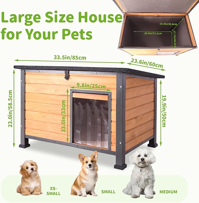 Insulated Dog House Outdoor Weatherproof, Wooden Heated Large Houses with Removable Liner for Winter, Upgrade Anti-Chewing Iron Frame Dog Shelter for Puppies, Cats