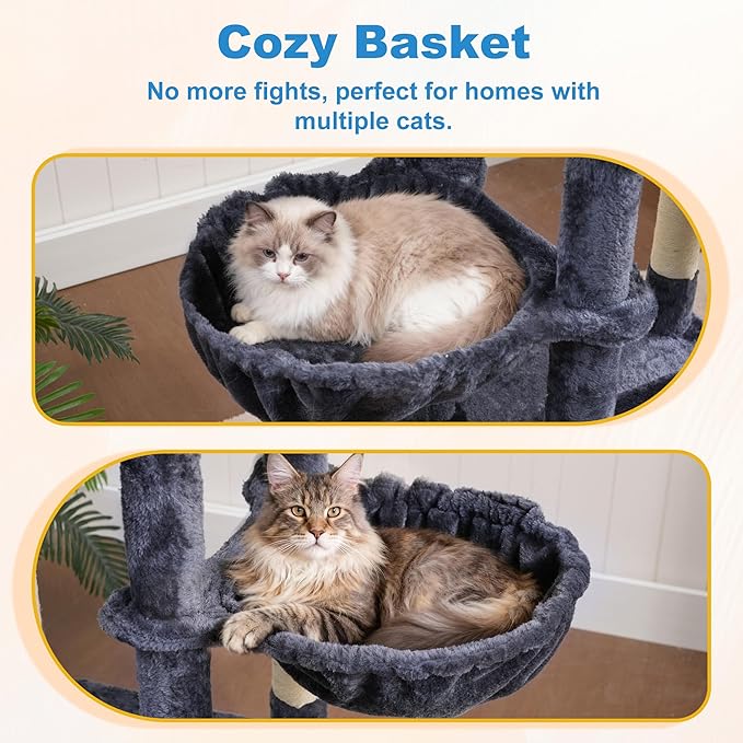 Hey-brother Cat Tree Tower with Extra Large Platform, Spacious Condo, 2 Cozy Hammocks, Self-Grooming Brush, Sisal Scratching Posts for Big Indoor Adult, Maine Coon, 35.4 Inches, Smoky Gray MPJ060G