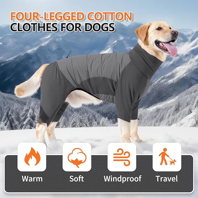 BRKURLEG Full Body Dog Winter Coat Warm Fleece Pullover Pajamas, Four Legs Covered Windproof Dog Jacket for Small to Large Dogs, Turtleneck Dogs Snowsuit, Pet Cold Weather Clothes, Grey XL