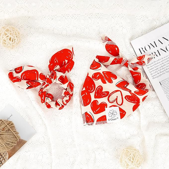 E-Clover Valentine Dog Bandana & Matching Scrunchie-Heart Cute Dog Bandanas Red Pet Scarf Bib for Small Dogs Puppy Girl Boy Owner Mothers Day Mom Gift