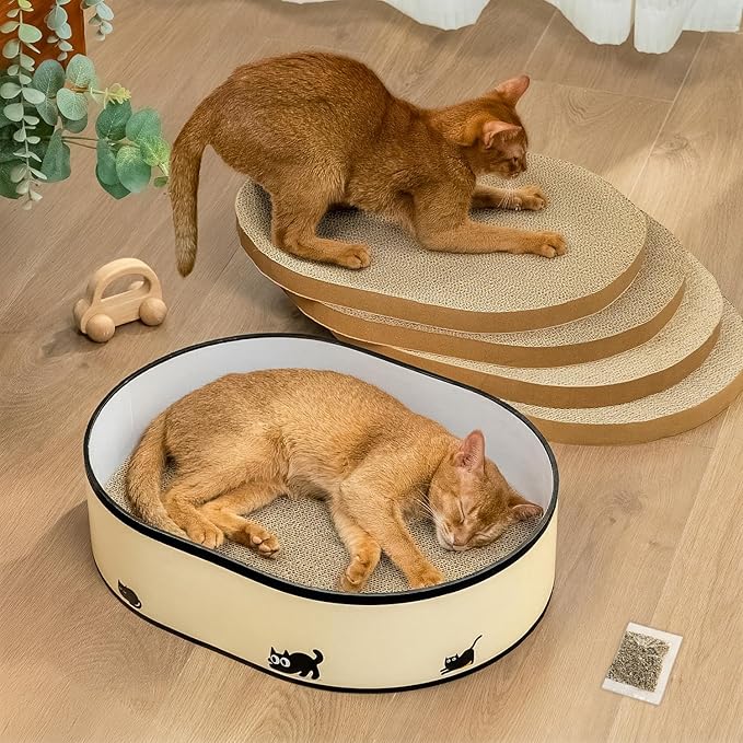 Cat Scratcher Box with 4 Cat Scratching Pads, Mess-Free Design, Refill Scratch Pad, Heavy Duty Corrugated Cardboard Lounger, DIY Stickers Decoration, for Multi-Cat Homes