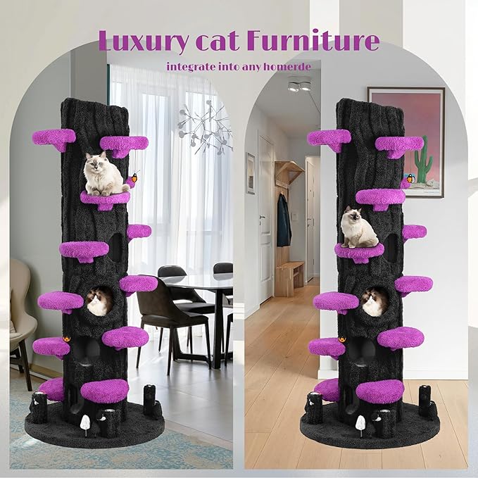 NUNU LAB Large Cat Tree for Indoor Cats, All-in-One Tall Cats Tower with Scratching Post and Plush Toys, Luxury Multi-Level Solid Wood Cat Condo for Multi-Cat Families (Purple&Black)