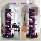 NUNU LAB Large Cat Tree for Indoor Cats, All-in-One Tall Cats Tower with Scratching Post and Plush Toys, Luxury Multi-Level Solid Wood Cat Condo for Multi-Cat Families (Purple&Black)
