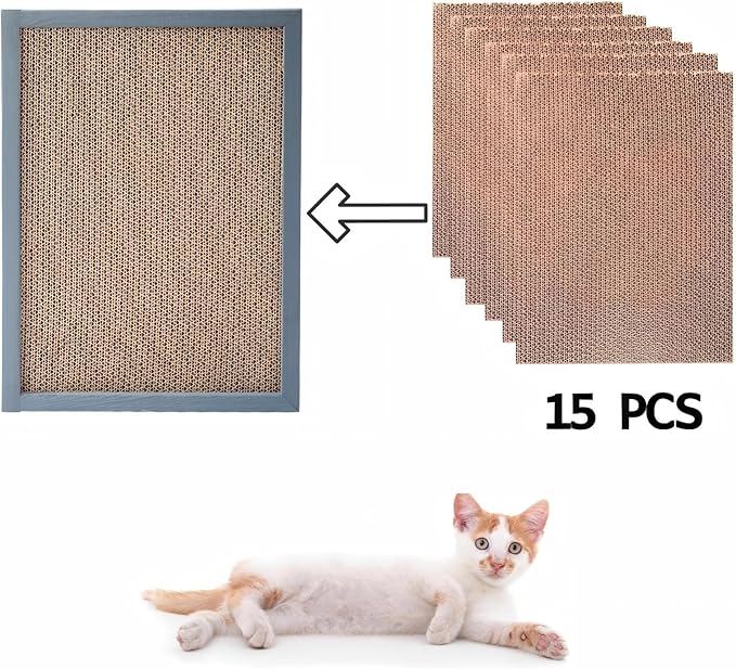 COZIWOW Wall Cat Scratcher Art, 15 PCS Replaceable 2-Side Corrugate Cardboard Cat Scratching Mats with Wood Board & 7 Cute Patterns for Indoor Cats Nail File, Couch Furniture Corner Protector