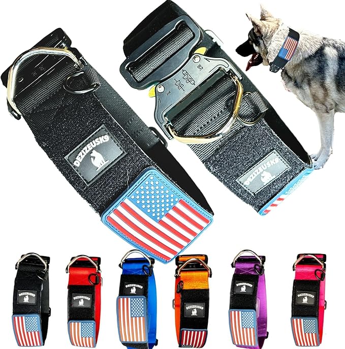 Tactical Dog Collar 2 Inch Wide Thick Heavy Duty Military Style with Metal Buckle, Adjustable for Medium - Large Breeds, Durable K9 Training Gear with Patch Area, USA Flag Patch, Strong and Secure Fit