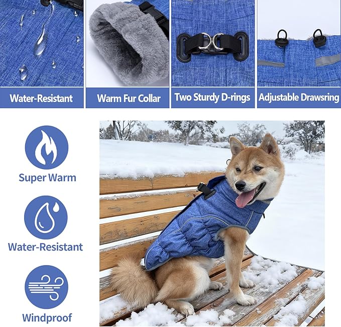 Malier Dog Coat, Reflective Dog Jacket Waterproof Windproof Puppy Cold Weather Coats with Harness Built in, Winter Extra Warm Pet Coat Fleece Vest for Small Large Pets and Puppy (Blue, X-Large)