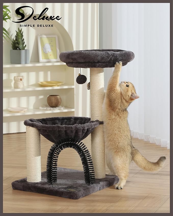 Simple Deluxe Small Cat Tree Tower for Indoor Cats, 5-in-1 27.8" Multi-Level Cat Tree with Scratching Posts, Plush Hammock, Perch, Self Groomer Brush, Dangling Ball for Kittens/Small Cats Play &Rest