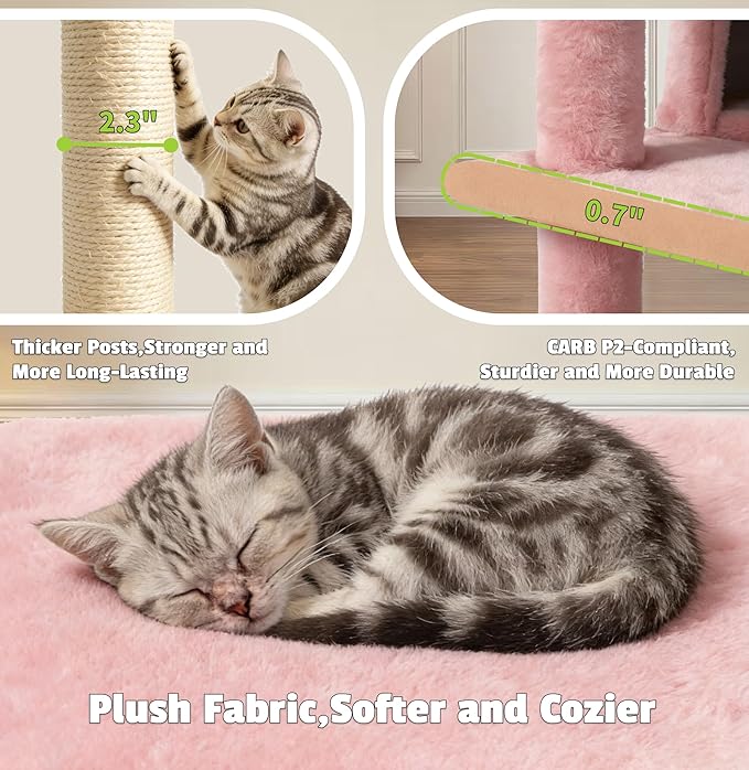 Pawly 52.5" Large Cat Tree with 2 Condos & Sisal Ramp, Premium CARB P2-Compliant Particle Board, 350G Plush Sturdy Cat Tower for Large Breeds, Senior Cats & Multi-Cat Household, Pink