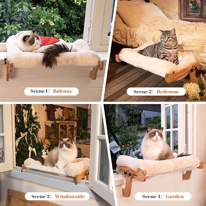 CHEERHOME PETS Cat Window Perch with Washable Bolster, Fluffy Cats Hammock Bed for Window, Adjust Wooden Seat for Kitten Bedside Windowsill, Wooden Cats Furniture(Thickened White)