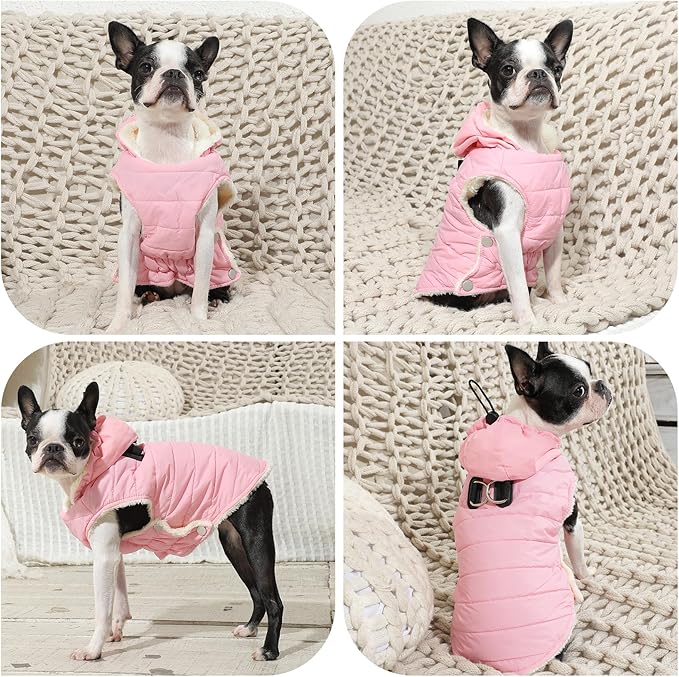 Fleece Lining Dog Hoodie with Harness Built in,Extra Warm Medium Dog Jacket in Winter Doggie Coats with Drawstring Hooded,Light Pink XL