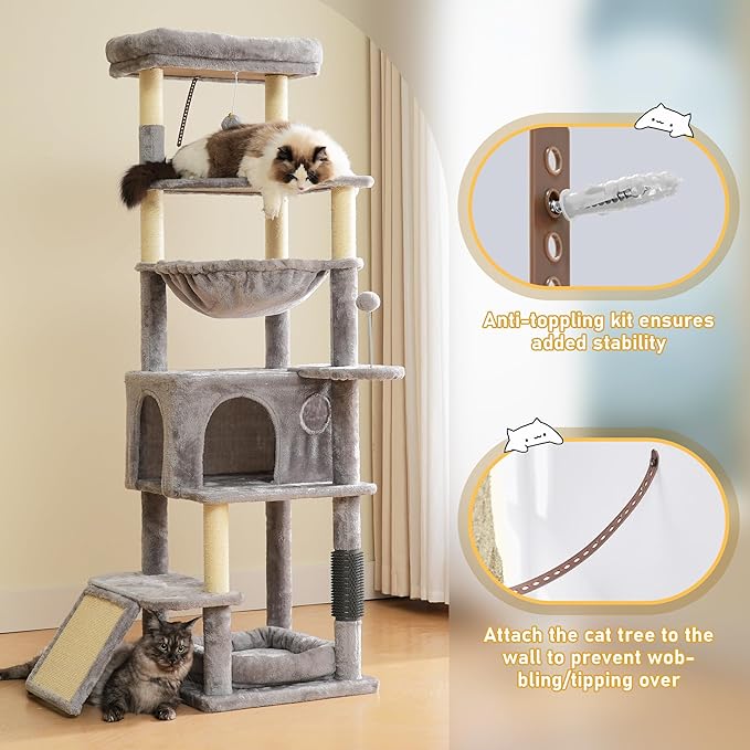 66 inches Cat Tree, Multi-Level Tall Modern Cat Tower for Indoor Large Cats Adult with Sisal Scratching Posts & Board, Padded Platforms, Hammock and Condo, Grey