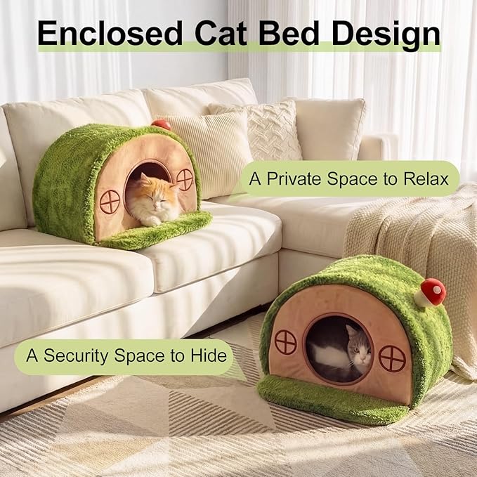 Cat Bed for Indoor Cats - Cute Cat Bed Cave, Tree Hole Cat House Tent for Kittens and Small Medium Pets with Removable Washable Cushion & Anti-Slip Bottom, Enclosed Kitten Bed Hideaway