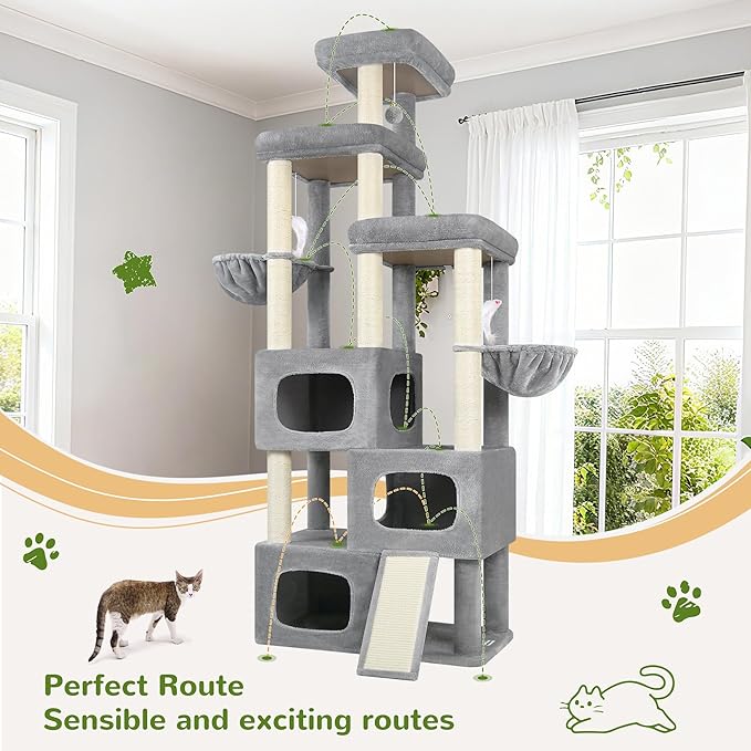 Globlazer 85 Inch Tall Cat Tree for Large Cats, Multi-Level Cat Tower for 4+ Cats with 3 Condos, 2 Hammocks & Sisal Posts, Heavy Duty Cat Tree Tower for Maine Coon, S85, Light Grey