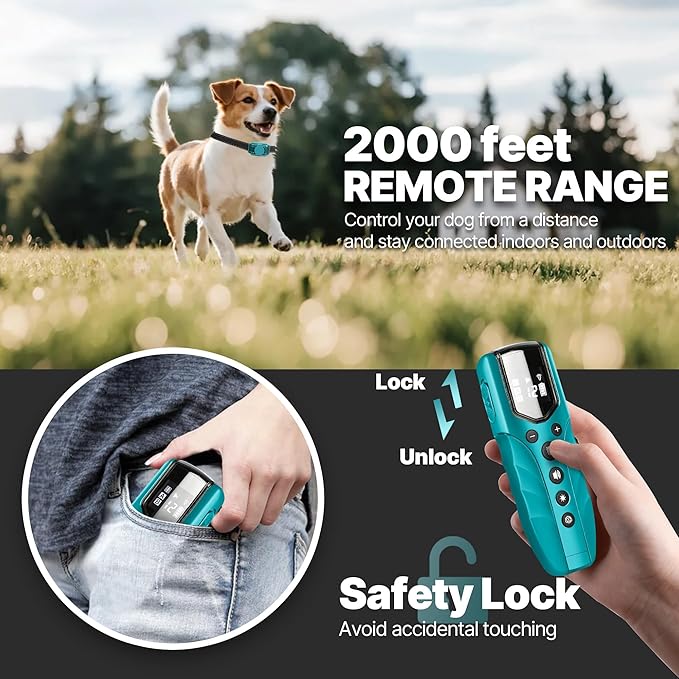 Lightest No Shock Dog Training Collar with 2000ft Remote,Tiniest Vibrating Dog Collar,Vibration Collar for Small Dogs 5-15lbs & Medium Large Dogs, Safe Lock, Beep, Vibrate, No Prongs, Waterproof,Cyan