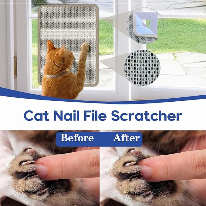 Cat Nail File Scratcher - Natural Sisal Scratch Mat with 80-Grit Aluminum Oxide, Adhesive Sheets & Expansion Screws for Secure Wall/Floor Mounting, Ideal for Trimming Cat Claws (13.38×16.53)