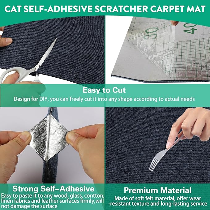 Trimmable Cat Scratcher Mat, Self-Adhesive Cat Scratching Carpet Pad Replacement for Cat Tree Shelves, Cat Steps and Posts, DIY Cat Scratch Couch Furniture Protector (Dark Blue, 39.4"x15.8")