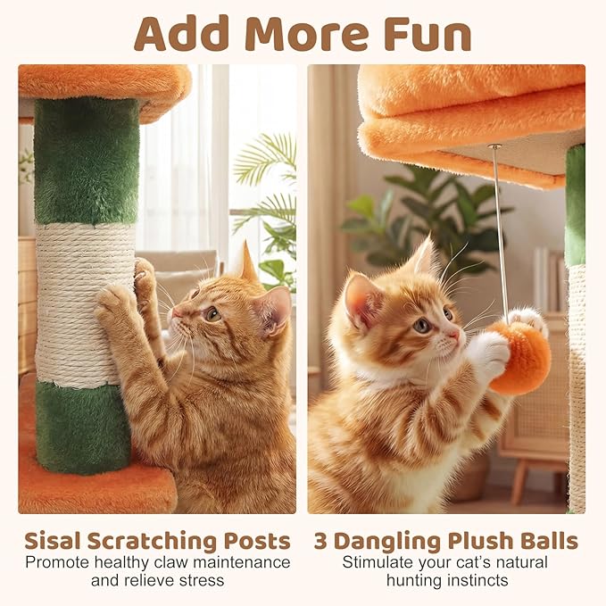 DORTALA Cat Tree for Indoor Cats, 66" Tall Cat Tower with 2 Condos, Sisal Scratching Posts, Plush Perch, Hammock, Dangling Balls, Multi-Level Pet Climbing Furniture Activity Center (Green+Orange)