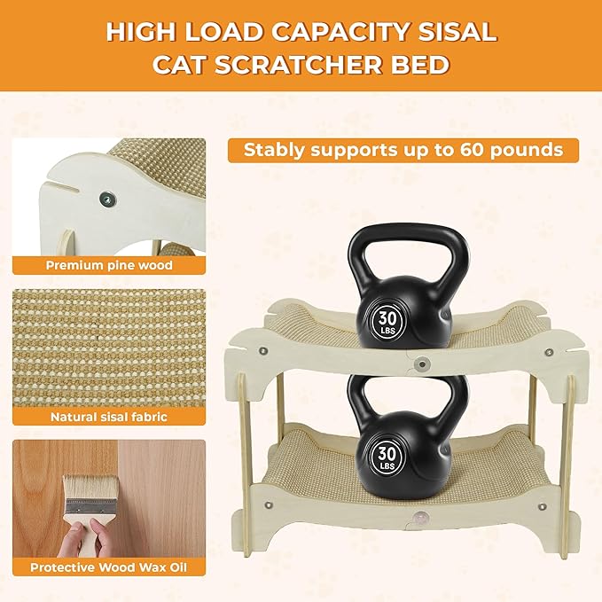 Two-Tier Sisal Cat Scratcher Bed - Large Scratching Board with Lounger Cat Scratch Pad, Sturdy Wooden Scratching Post for Indoor Kittens&Adult Cats, Easy Assemble Elevated Cats Bed Furniture