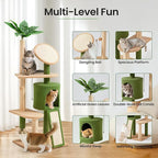 Erinnyees 57" Multi-Level Cat Tower with Hammock, Coconut Cat Tree with Green Leaves, Plush Cat House with Hang Ball Toy and Sisal Scratching Posts Furniture, Green