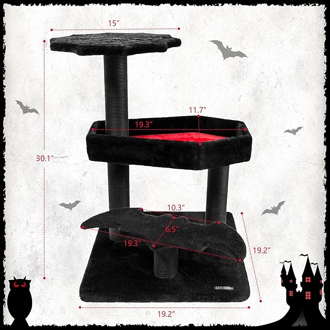 KAMABOKO Gothic Cat Tree with Coffin Bed, 30.3” Black Cat Tower for Indoor Cats with Scratching Posts for Halloween Cat, Black and Red