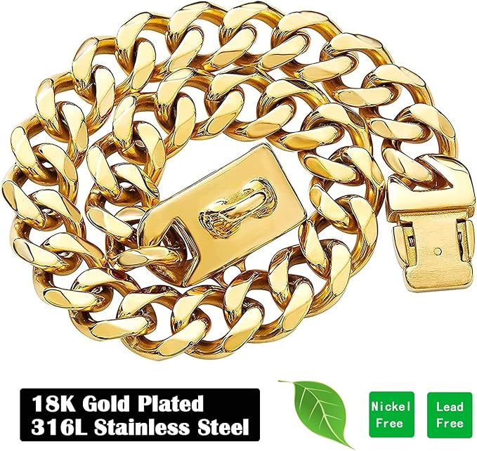 Gold Dog Collar,18K Gold Plated Dog Cuban Link Collar,Strong Stainless Steel Heavy Duty Chew Proof Metal Walking Collar for Large Dogs(19MM 22'')