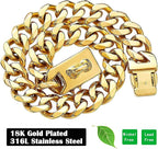 Gold Dog Chain Collar with Design Secure Buckle & ID Tag,18K Cuban Link Strong Heavy Duty Chew Proof Metal Walking Collar for Large Dogs(19MM 24'')