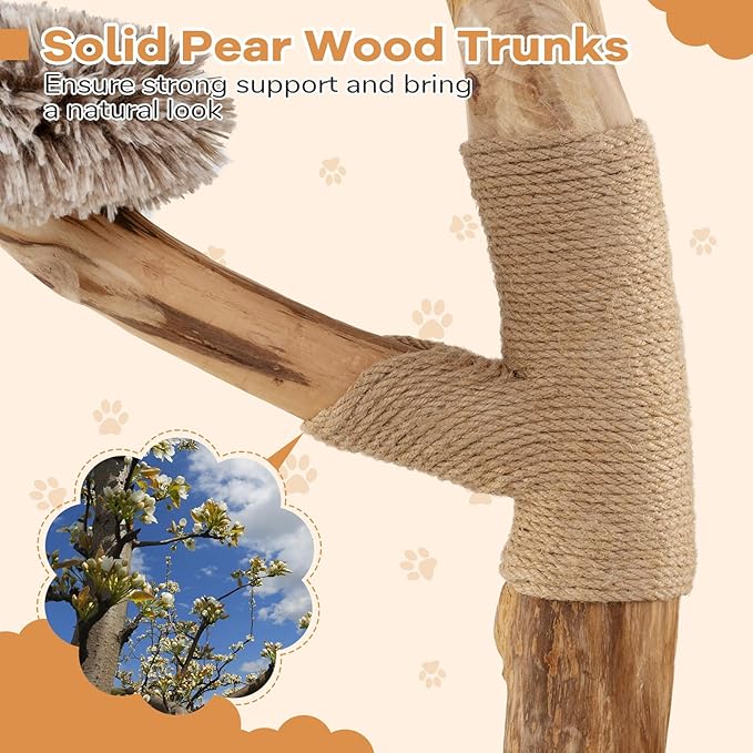 PETSITE 35.5-inch Wood Cat Tree, Multi-Level Real Pear Wood Modern Cat Tower with Jute Scratching Posts, Dangling Ball, Cozy Top Perch, 2 Jumping Platforms, Soft Long Plush Covered