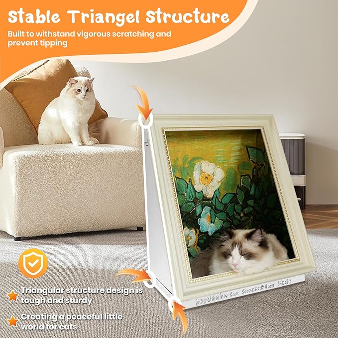 Mona Lisa Cat Bed Painting Cat Scratcher Bed CartBoard Cat House for Indoor Cats Half-Surround Design W/Horizontal Cat Scratcher Scratching Board W/Catnip (Pearl Earrings, Frame Pre-Taped)