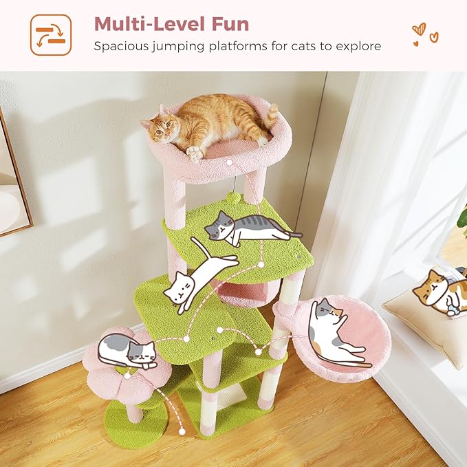 Flower Cat Tree for Large Cats, 59" Tall Cat Tower with Soft Flower Perch, Multi-Level Tower with Spacious Condo, Large Hammock and Scratching Posts, Sturdy Play House for Indoor Cats, Pink