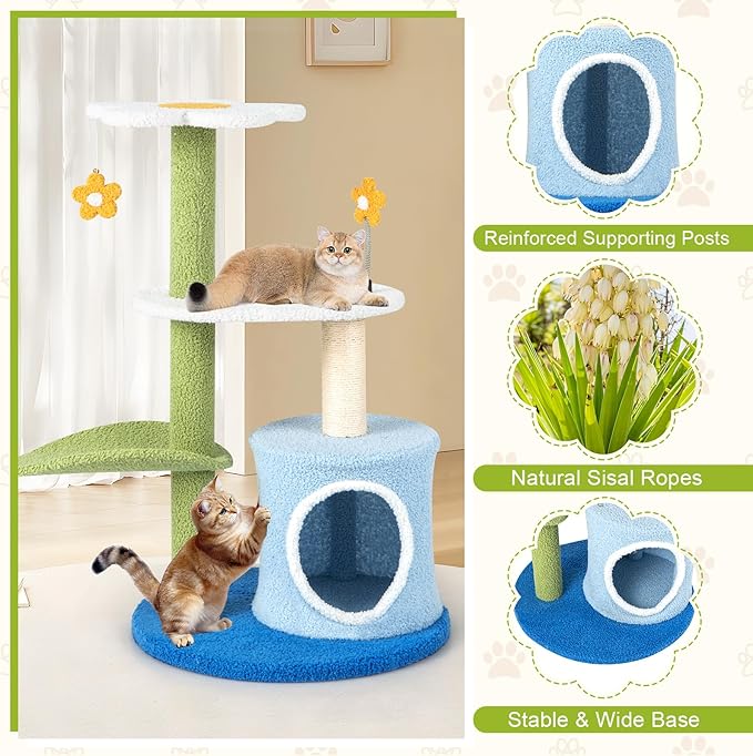 PETSITE 34.5 inch Cute Small Cat Tree, Flower Cat Tree with Sisal Scratching Post, Plush Top Perch, Cat Condo, Fluffy Spring Ball & Jingling Ball