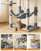 Feandrea Cat Tree, 56.3-Inch Cat Tower, Multi-Level Plush Condo with 11 Scratching Posts, 2 Perches, Hammock, Cave, Light Gray UPCT15W
