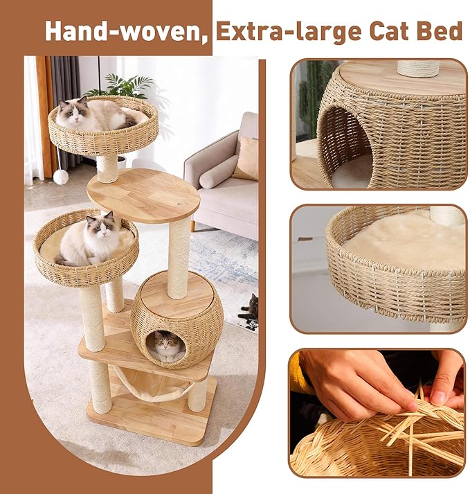 55" Wood Cat Tree for Indoor Cats Large Adult,Tall Cat Tower with Scratching Post and Cozy Hammock for Large Cat,Multi-Level Modern Cat Condo with Hand-Woven,Easy to Assemble and Clean