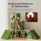 DIY Cardboard Cat House, Multi-Level Cat Tree Tower with Scratching Posts, Scratching Board, Tunnel & Playhouse for Kittens & Adult Cats, Recyclable 61.02″ × 36.61″ × 40.2″, Green Forest