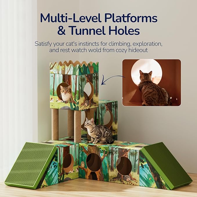 DIY Cardboard Cat House, Multi-Level Cat Tree Tower with Scratching Posts, Scratching Board, Tunnel & Playhouse for Kittens & Adult Cats, Recyclable 61.02″ × 36.61″ × 40.2″, Green Forest
