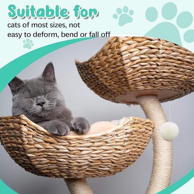 3 Set 18" Cat Tree Tower Replacement Parts Add ons Accessories Set Wicker Basket Beds Rattan Cat Tree Handwoven Rope Nest Bowl Screws Bottom Plate with Furry Balls and Soft Cushion