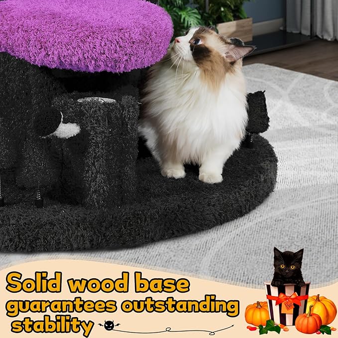 NUNU LAB 90.5 Inch Tall Cat Tree - Large Magic Forest Cat Tree Tower with Sisal Scratching Posts, Side Hideout & Platforms, Multi-Level Solid Wood Cat Condo with for Multi-Cat Homes (Large Purple)